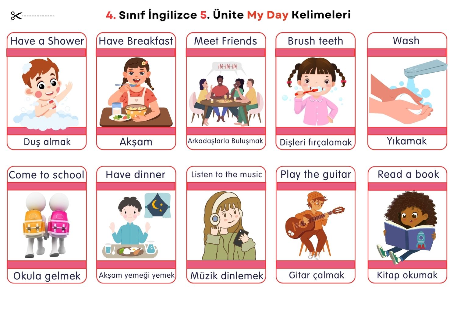 4. Sınıf İngilizce 5. Ünite My Day Kelimeleri – Bilgi Kartları - Alan Atlası