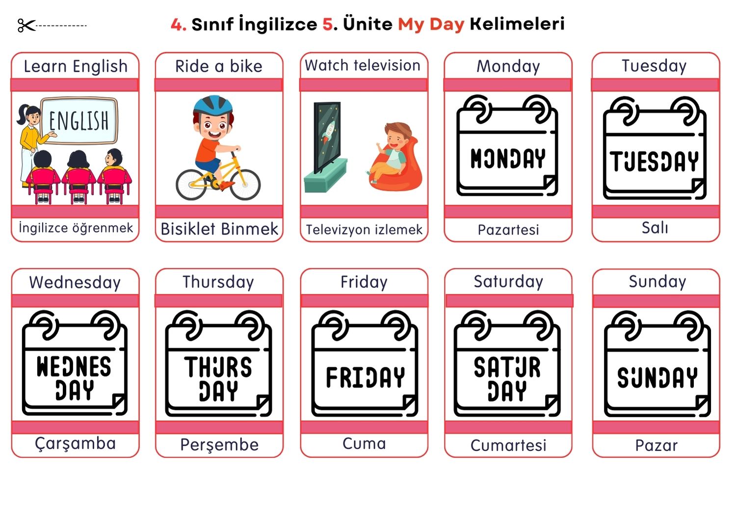 4. Sınıf İngilizce 5. Ünite My Day Kelimeleri – Bilgi Kartları - Alan Atlası
