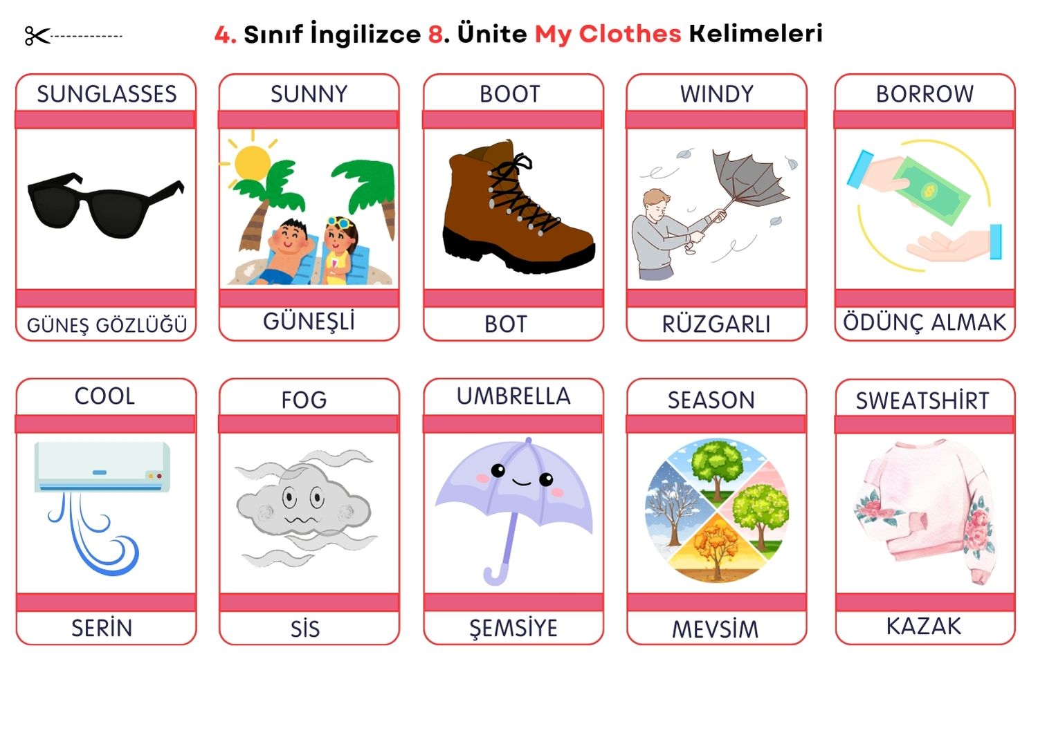 4. Sınıf İngilizce 8. Ünite Kelimeleri ve Anlamları, Bilgi Kartları