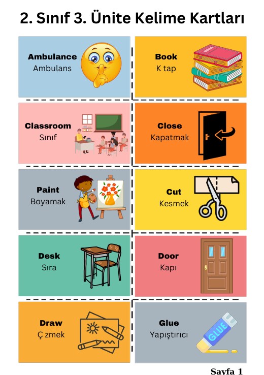 2 Sinif 3 unite kelimeler in the classroom kelime kartlari 1