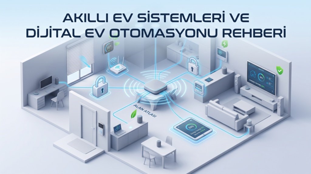 Akıllı ev kurulumu ve dijital otomasyon adımları şeması.